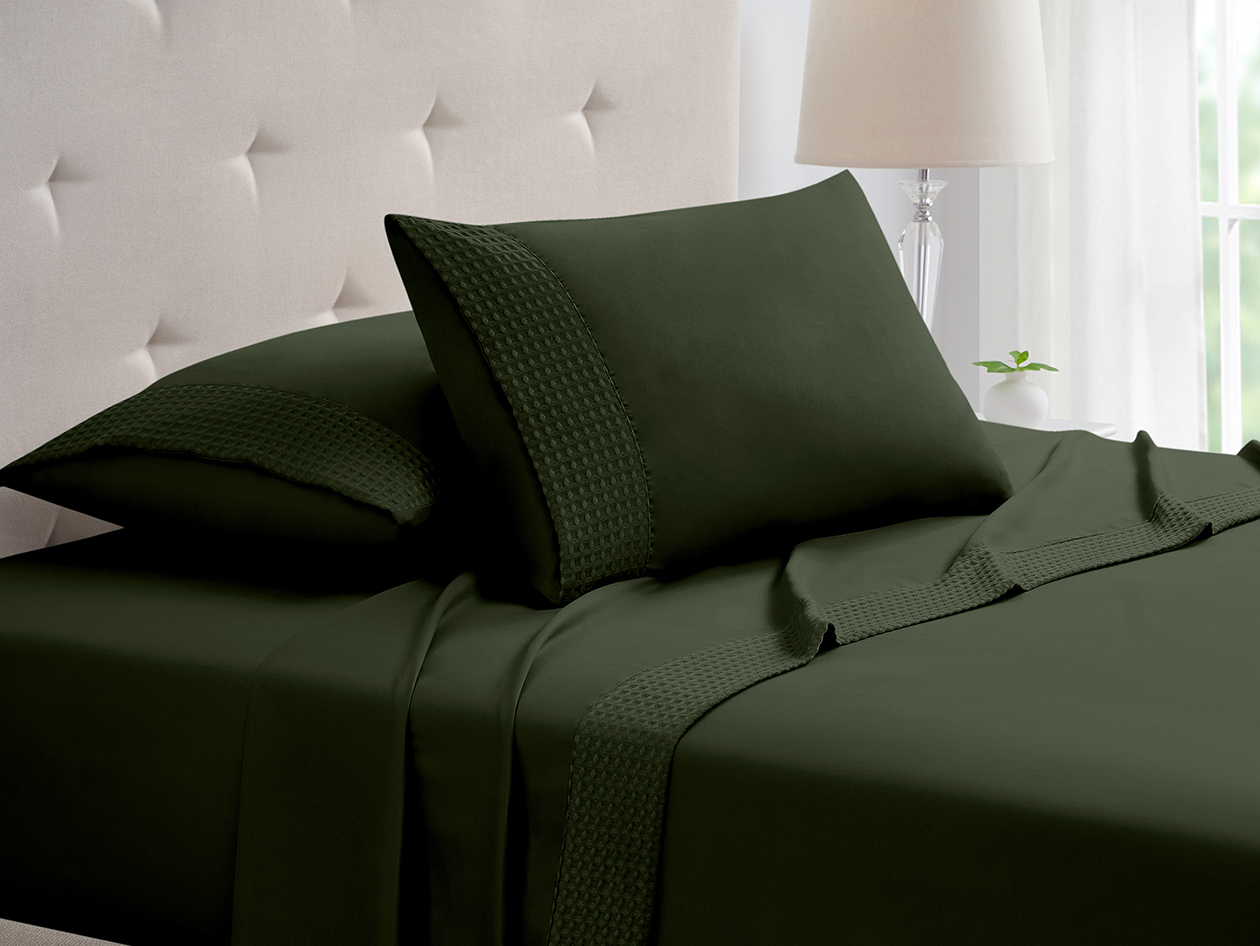 4-Piece Bamboo Blend Waffle Hem Sheet Set (Hunter Green/King)