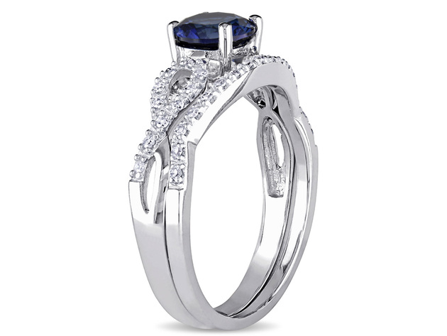 Created Blue Sapphire 1.0 Carat (ctw) Engagement Ring and Bridal Wedding Set with Diamond, 10K White Gold - 10