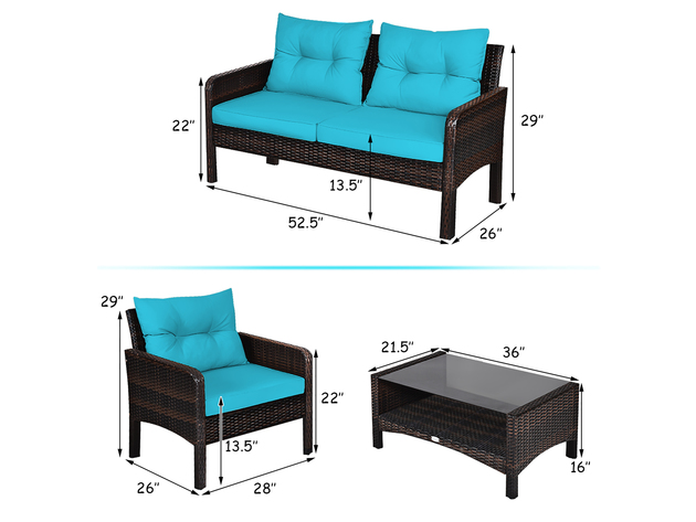 Costway 4PCS Patio Rattan Furniture Set Loveseat Sofa Coffee Table W/Turquoise Cushion