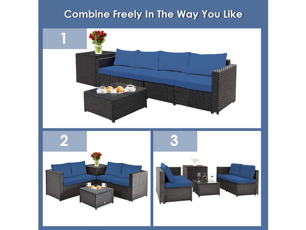 Costway 8 Piece Outdoor Patio Rattan Furniture Set Cushioned Loveseat Storage Table Brown/Navy
