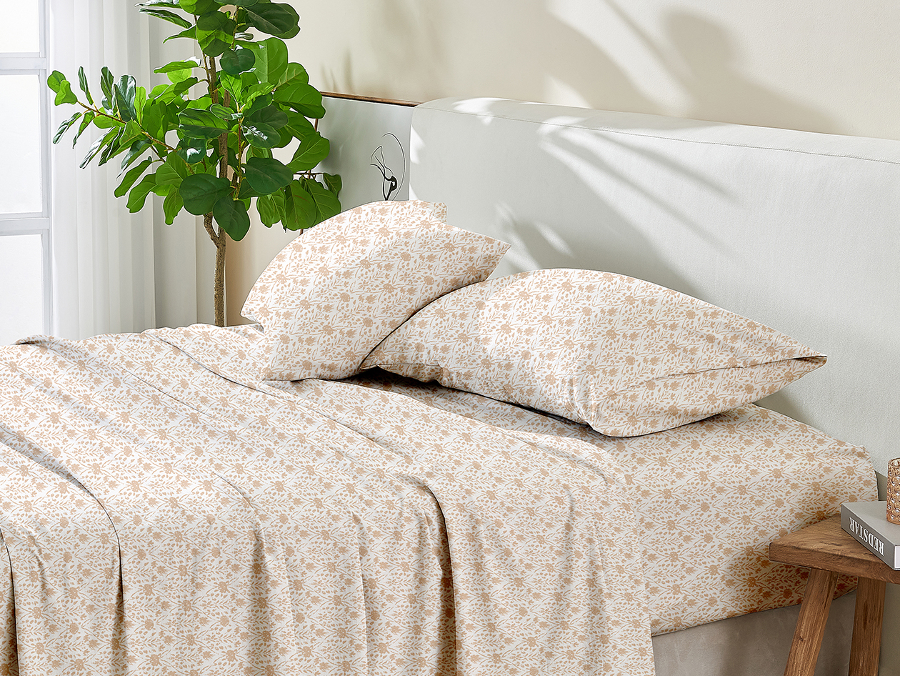 4-Piece Floral Print Microfiber Sheet Set (Diamond Taupe/Queen)