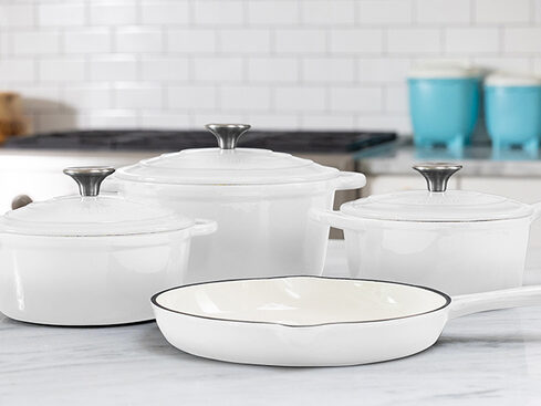 9 PC Enameled Cast Iron Cookware Set - White