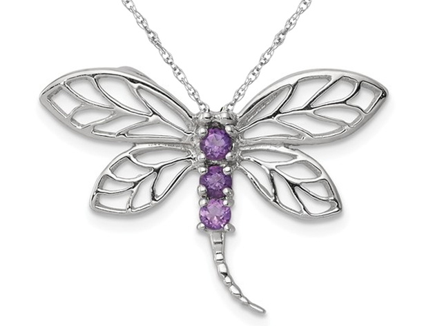 1/6 Carat (ctw) Natural Amethyst Dragonfly Pendant Necklace in Sterling Silver with Chain
