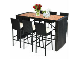 COSTWAY 7 Piece Patio Rattan Wicker Bar Dining Furniture Set wood Table Top 6 Stools - Black