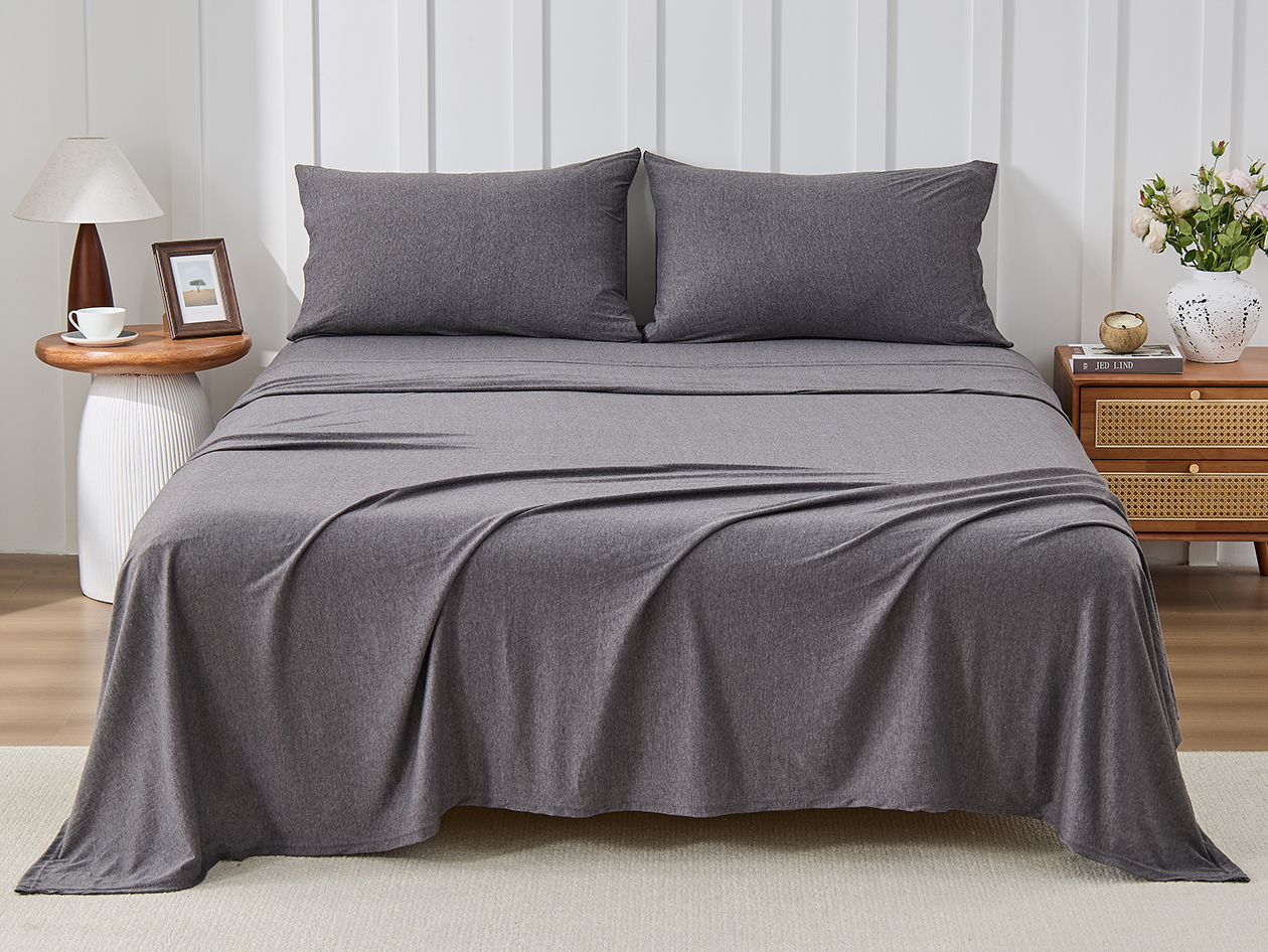 Kathy Ireland 4 Piece Heathered Jersey Knit Cotton Sheet Set (Full/Dark Gray)
