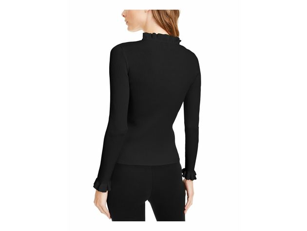 Anne Klein Women's Ribbed Ruffle Detail Long Sleeve Sweater Black Size Medium