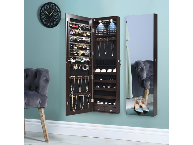 Costway Mirrored Wall Jewelry Cabinet W/ Lights&Drawer - Brown