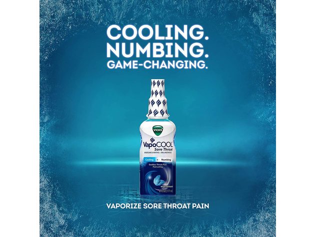 Vicks VapoCOOL Sore Throat Spray, Winterfrost, Intense Cooling and Powerful Numbing to Vaporize Your Sore Throat Pain, 6 Oz