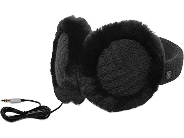 UGG Women's Textured Wired Knit Earmuff with Functional Headphones and Plug-In Aux Cord, One Size, Black (New Open Box)