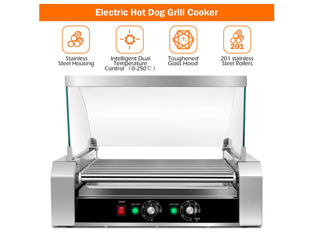 Costway Commercial 30 Hot Dog 11 Roller Grill Cooker Machine W/ cover CE 
