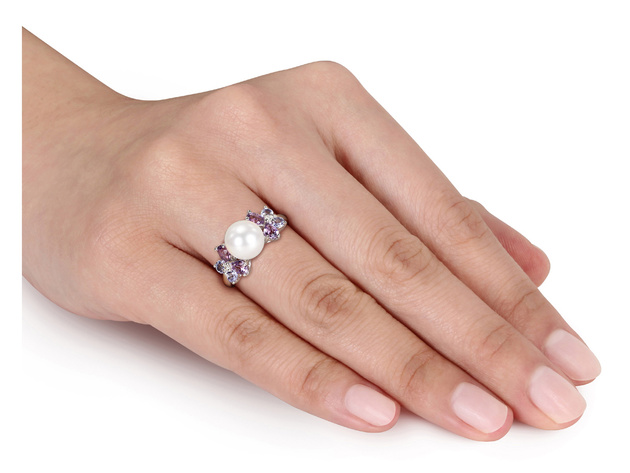 White Freshwater Cultured Pearl 8-8.5mm with Diamond and Tanzanite and Amethyst Ring In Sterling Silver - 9