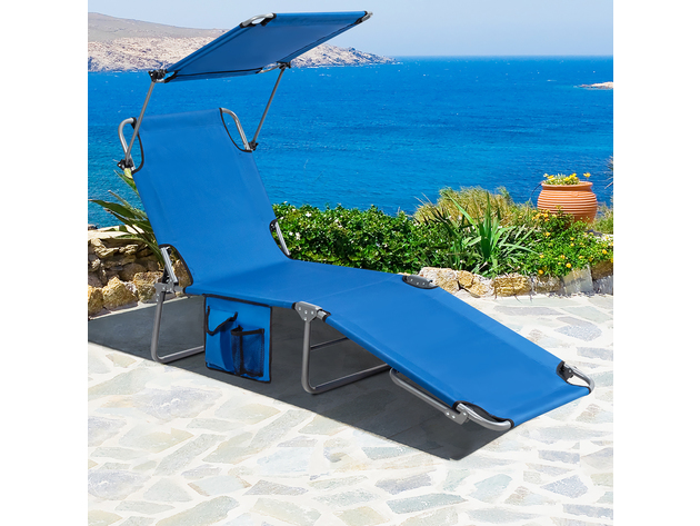 Costway Foldable Lounge Chair Outdoor Adjustable Beach Patio Pool Recliner W/Sun Shade - Blue
