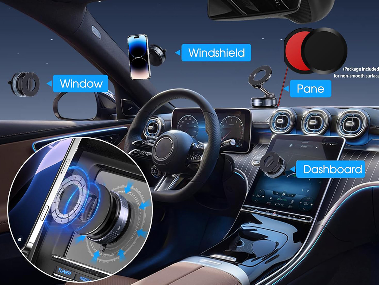 360° Adjustable Magnetic Suction Cup Phone Mount (Black/2-Pack)
