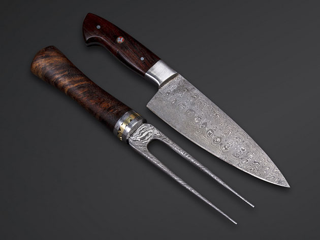 58HRC Damascus Steel Chef + Fork Knife Set