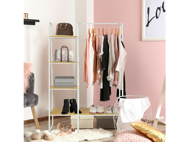 Cosway Metal Garment Rack Free Standing Closet Organizer w/5 Shelves Hanging Bar - White and Natural