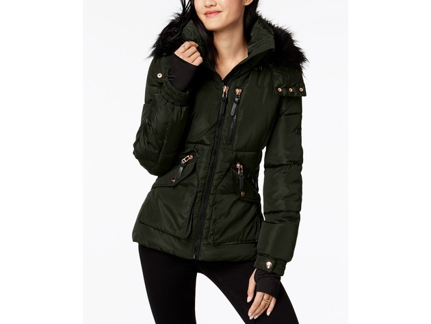 XOXO Juniors' Faux-Fur-Trim Hooded Puffer Coat Olive Size Extra Large
