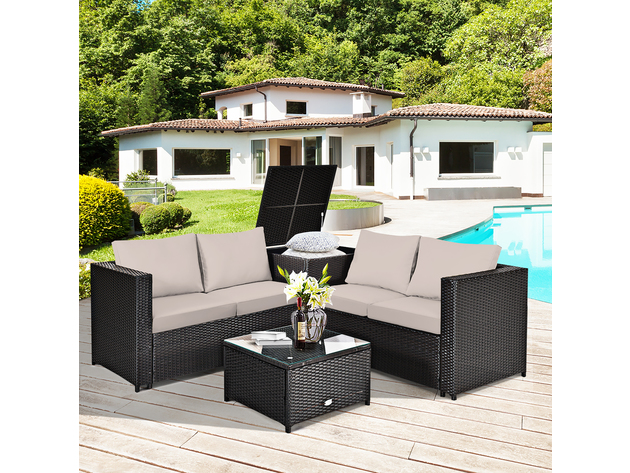 Costway 4 Piece Outdoor Patio Rattan Furniture Set Cushioned Loveseat Storage Table - Brown