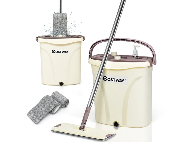 Costway Flat Squeeze Mop Bucket 2 Pcs Microfiber Pad Hand-Free Wringing - Off White