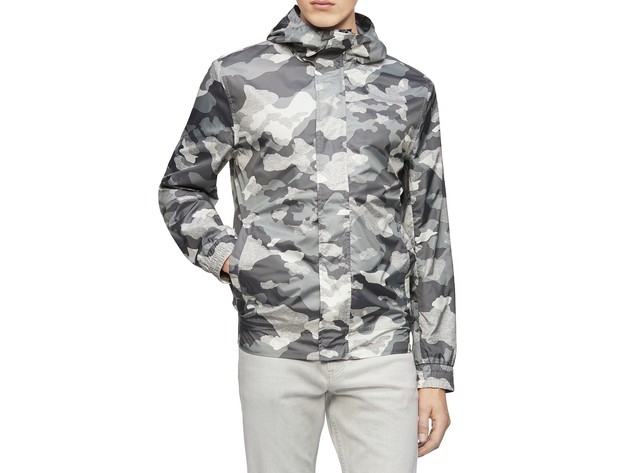 Calvin Klein Men's Camo Mirror Weather-Resistant Hooded Jacket Olive Size Extra Large