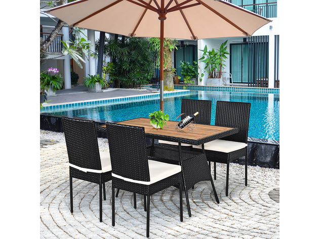 Costway 5 Piece Patio Rattan Furniture Set Wood Top Table Cushioned Chairs Garden Yard Deck