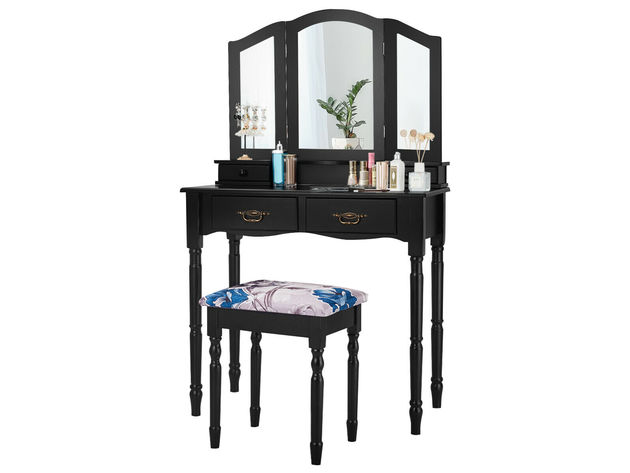 Costway Black Tri Folding Mirror Vanity Makeup Table Stool 4 Drawers - Black