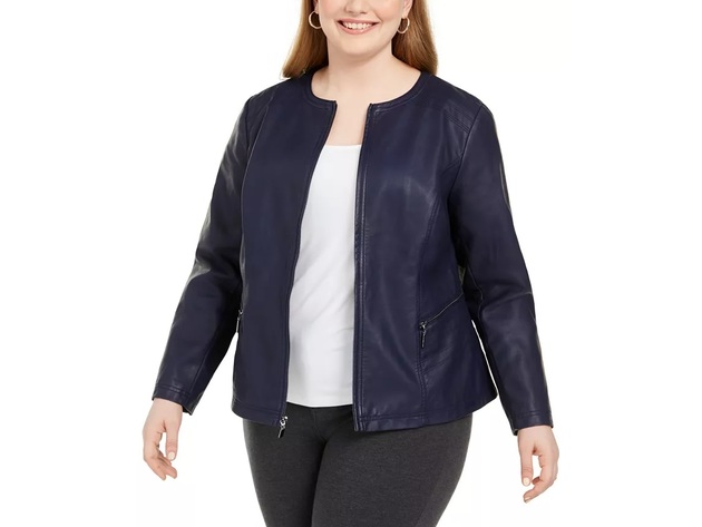 Alfani Women's Plus Size Faux Leather Zipper Jacket  Blue Size 2 Extra Large