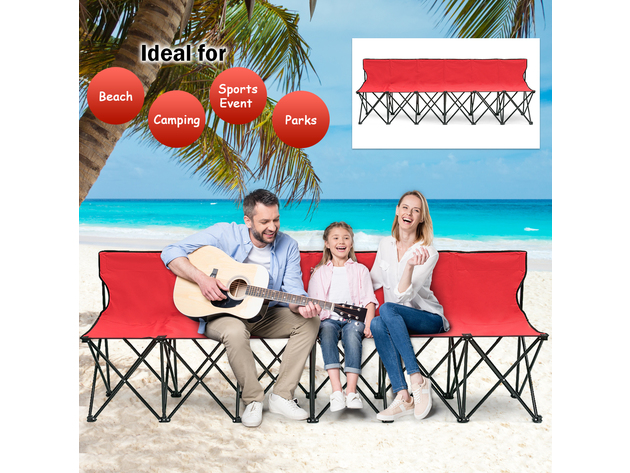 Costway Portable 6 Seats Folding Chair Bench Outdoor Sports Camping W/Carry Bag - Red
