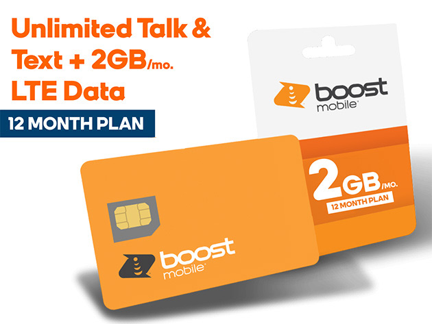 Boost Mobile Prepaid: Unlimited Talk & Text + 2GB LTE Data (12-Month Subscription)
