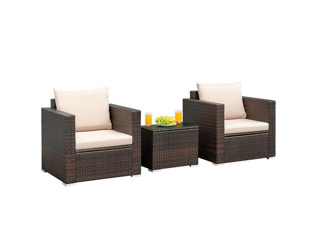 Costway 3 Piece Patio Rattan Furniture Set Conversation Wicker Sofa Set w/Cushion Garden - Brown