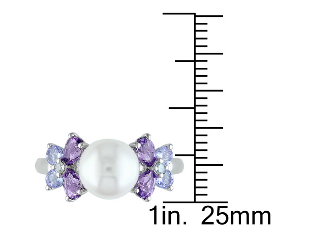 White Freshwater Cultured Pearl 8-8.5mm with Diamond and Tanzanite and Amethyst Ring In Sterling Silver - 9