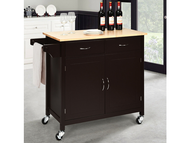 Costway Modern Rolling Kitchen Cart Island Wood Top Storage Trolley Cabinet Utility Brown - As pic