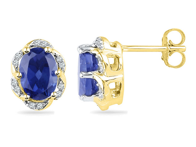 Lab Created Blue Sapphire 2.31 Carat (ctw) Stud Earrings in 10K Yellow Gold with Diamonds 1/10 Carat (ctw)