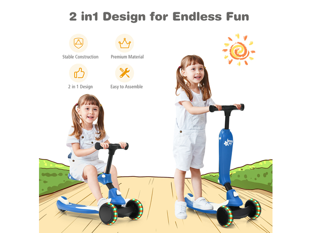 Honeyjoy Portable 3 Wheel Kids Scooter with Gravity Steering System Purple\Blue\Green - Blue