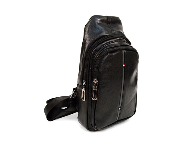 Black Crossbody Leather Sling Backpack with Adjustable Strap
