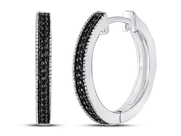 1/10 Carat (ctw Clarity I2-I3) Black Diamond Hoop Earrings 10K White Gold