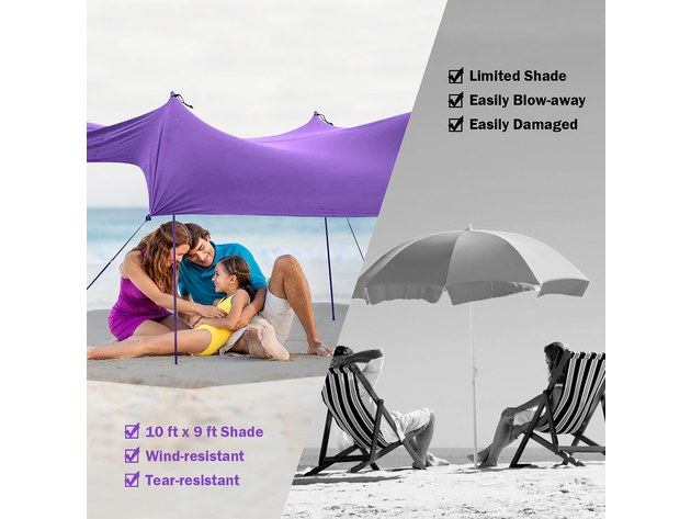 Costway Family Beach Tent Canopy w/4 Poles Sandbag Anchors 10'x9' UPF50+ - Purple