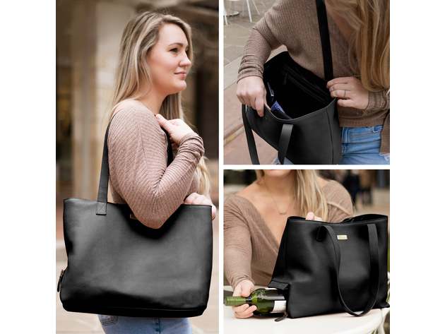 Black Genuine Leather Tote with Insulated Lunch Bag Pocket / Wine Carrier. Wine Purses For Women Who Have Everything