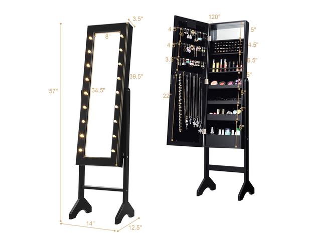 Costway Mirrored Jewelry Cabinet Organizer 18 LED lights Black 