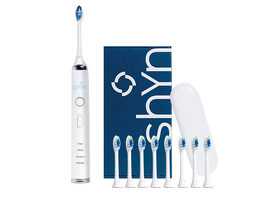 Shyn Sonic Rechargeable Electric Toothbrush with 8 Whitening Brush Heads, Charger, and Travel Case (White)