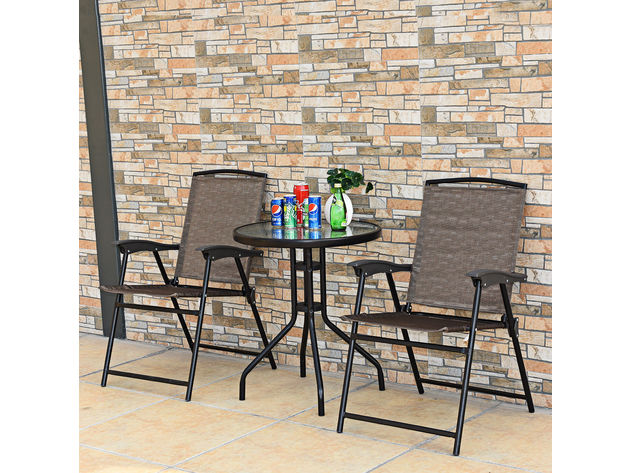 Costway 3 Piece Bistro Patio Garden Furniture Set 2 Folding Chairs Glass Table Top Steel Brown & Black