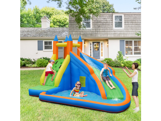 Costway Inflatable Water Slide Mighty Bounce House Jumper Castle W/ 480W Blower - Green/Yellow