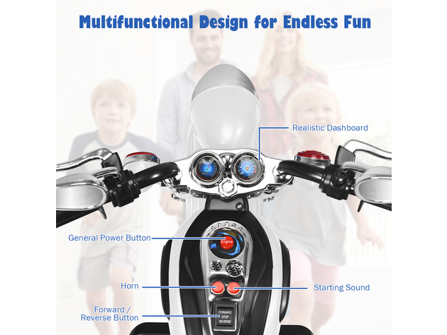 Costway 3 Wheel Kids Ride On Motorcycle 6V Battery Powered Electric Toy - White