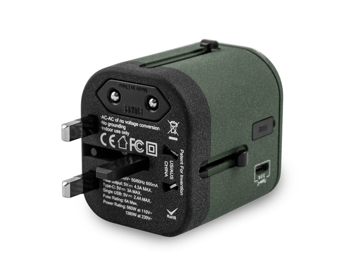 World Traveler+ Fast Charging USB-A/USB-C Universal Travel Adapter (Forest Green)
