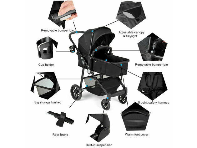 Costway 2 In1 Foldable Baby Stroller Kids Travel Newborn Infant Buggy Pushchair - Black