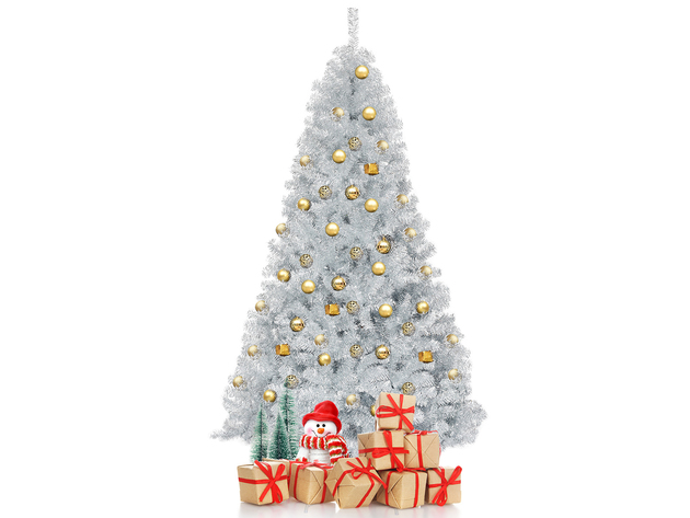 Costway 7.5Ft Hinged Unlit Artificial Silver Tinsel Christmas Tree Holiday w/Metal Stand - Silver