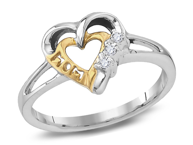 Diamond Heart MOM Ring in Sterling Silver 