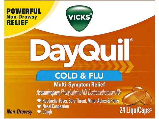 Vicks DayQuil Cold and Flu Multi-Symptom Relief LiquiCaps, A Pain Reliever Fever Reducer Than Can Help Soothe Your Sore Throat, 24 Count