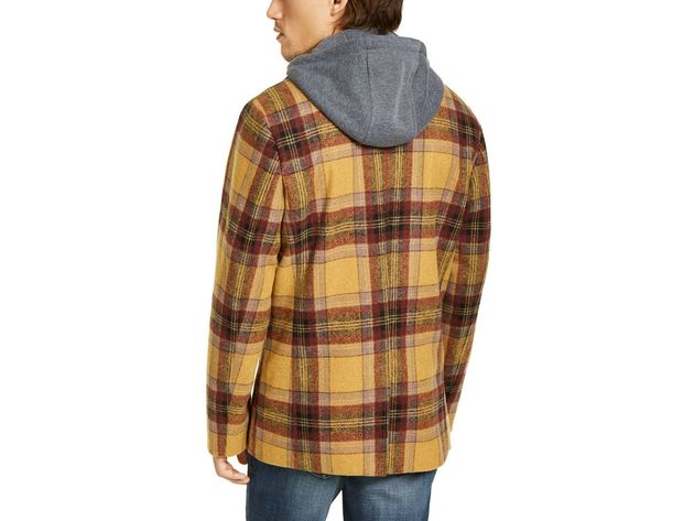 American Rag Men's Sheridan Double-Breasted Plaid Peacoat With Removable Hooded Bib  Brown Size Small