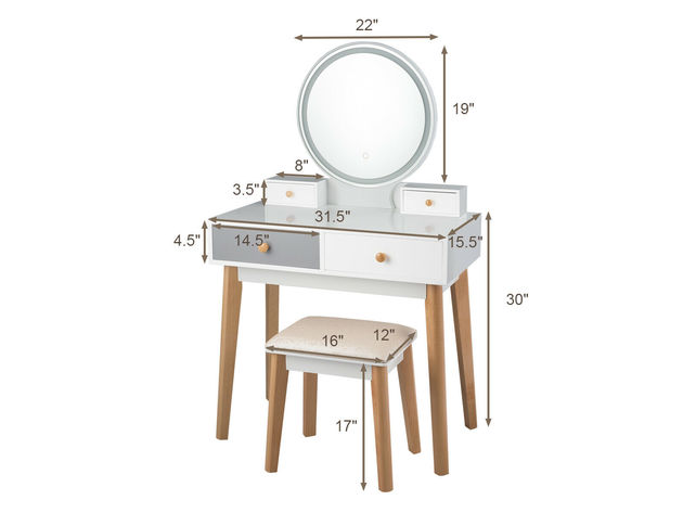 Costway Vanity Table 3 Color Lighting Modes MakeUp Stool Jewelry - White