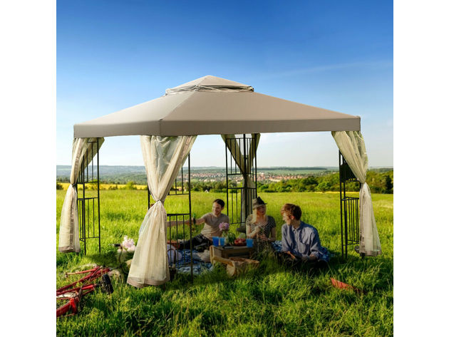 Costway Outdoor 10'x10' Gazebo Canopy Shelter Awning Tent Patio Screw-free structure Garden - Dark Brown